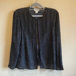 Vintage 100% Silk Black Sequined Beaded  Embellished Evening Blazer Jacket Small